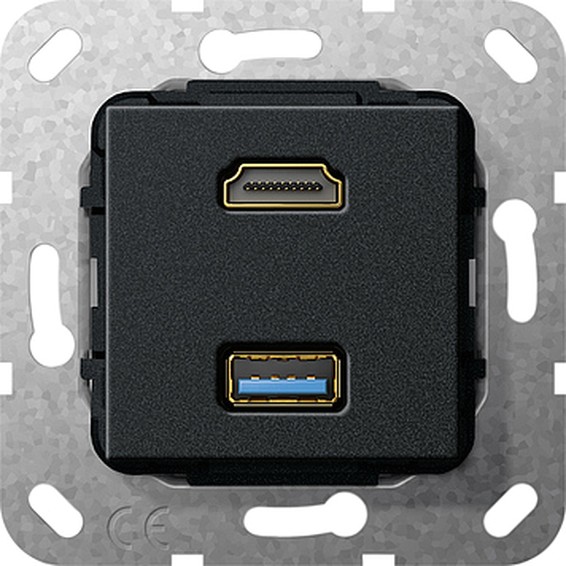 Розетка HDMI+USB Gira SYSTEM 55, черный, 567810, G567810