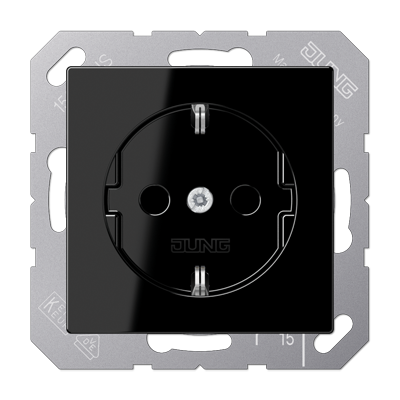 Розетка JUNG FD FRAMES, скрытый монтаж, с заземлением, со шторками, черный, A1521KISW